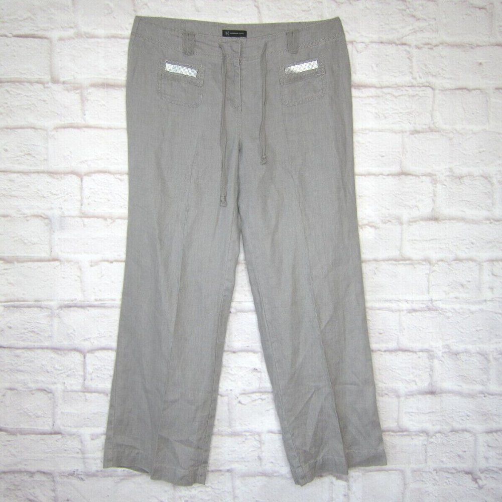 INC International Concepts Gray Embellished Linen Casual Wide Leg Pants, Size 14